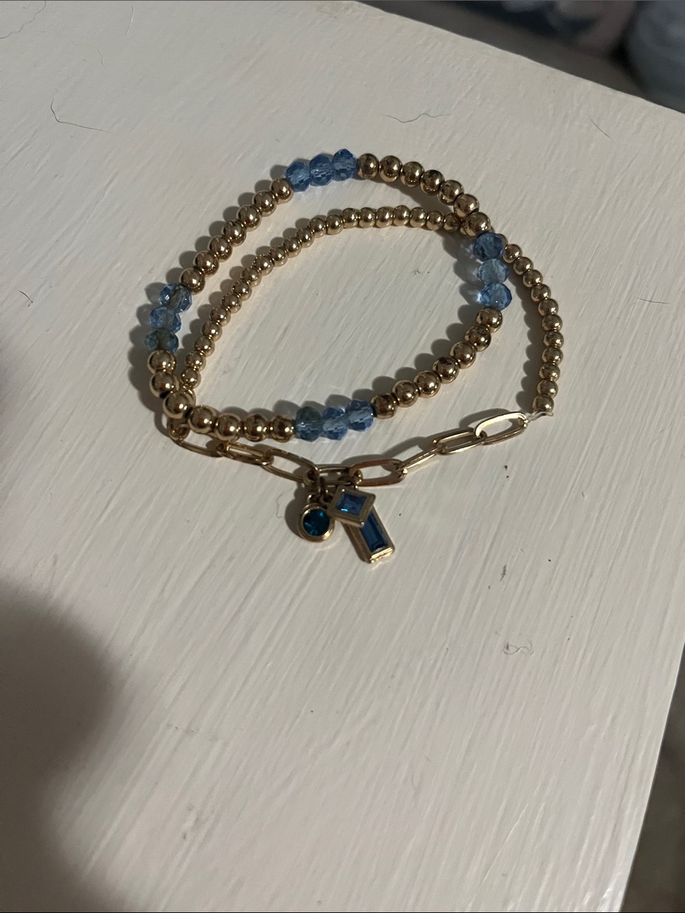 Gold Beaded Bracelet with Light Blue Crystal Accents